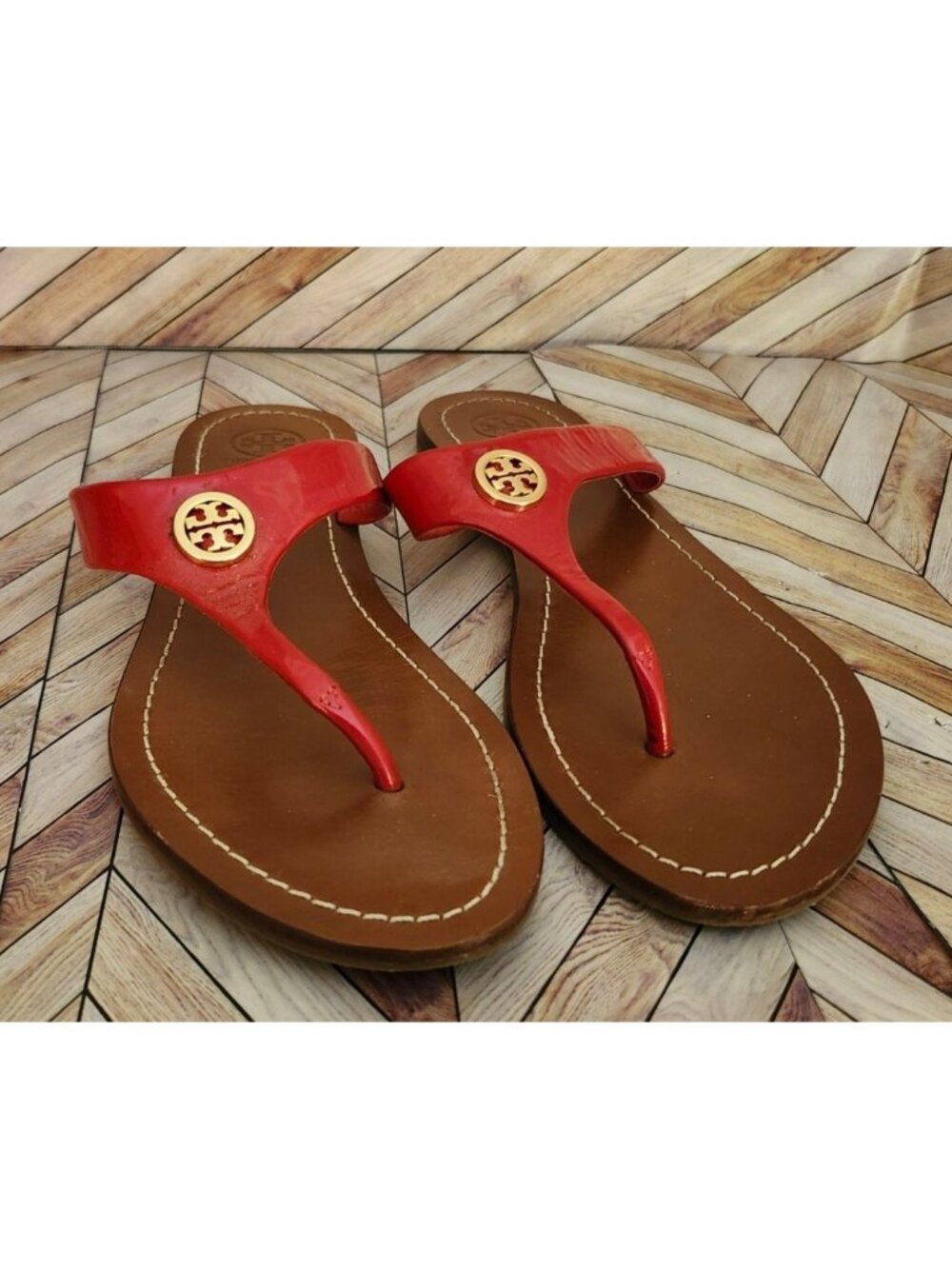 Tory Burch Cameron Red Patent Leather Thong Flip Flop Sandal Shoe Size 8.5 M